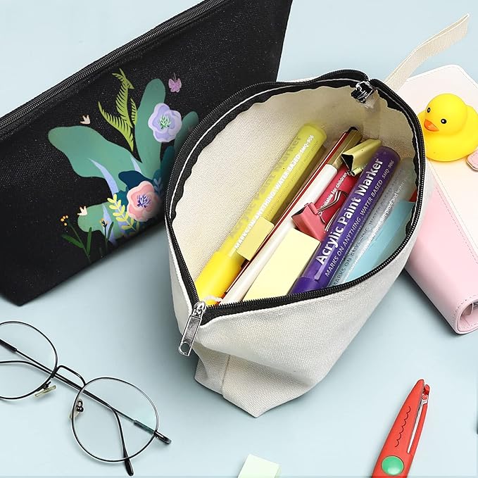 10 Pieces Cotton Canvas Makeup Bag with Bottom, Multi-Purpose Cosmetic Bag with Zipper Travel Toiletry Pouch, Blank DIY Craft Bag Pencil Bag (M, White), MN-WB07