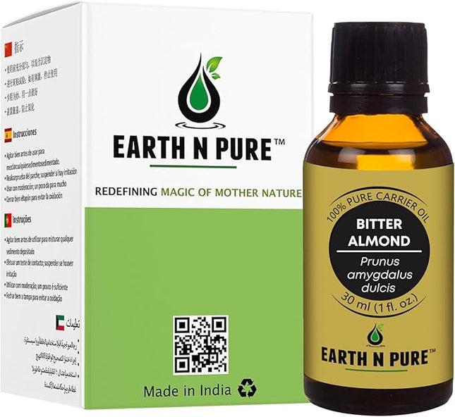 Earth N Pure Bitter Almond Oil (Badam Oil) Cold Pressed, Therapeutic Grade for Body, Skin, Hair 30 ml