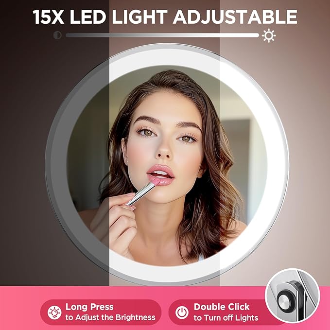 Lighted Makeup Mirror, Rechargeable 8" 3 Color Vanity Mirror, 15x Magnifying Mirror with Brightness Adjustable, 360° Rotation Double Sided Desk Mirror, STC- Side Charging & Side Touch Switch