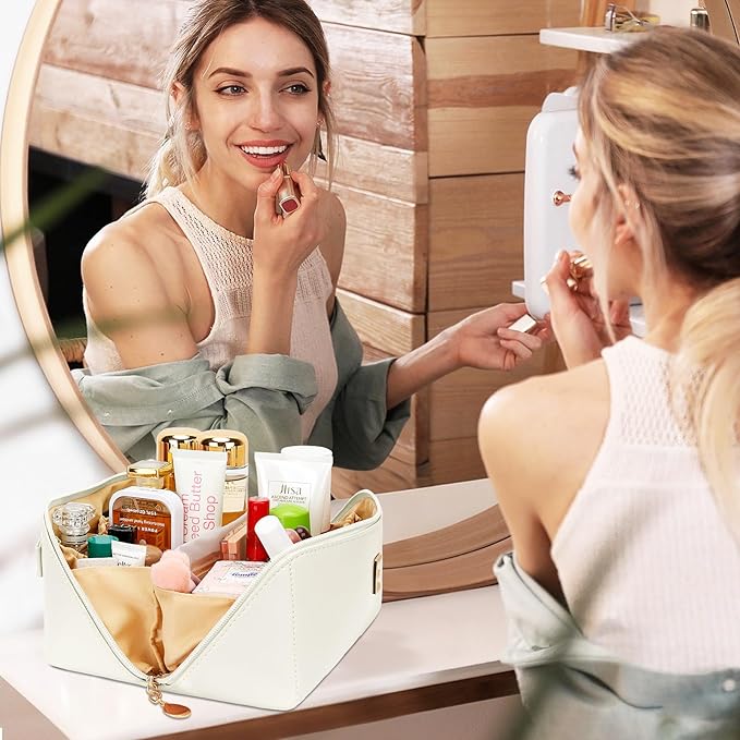 Birthday Gifts for Women Teen Girl, Personalized Initial Makeup Organizer Bag Set, Open Flat Travel Cosmetic Bag With Clear Divider and Handle(Beige,W)