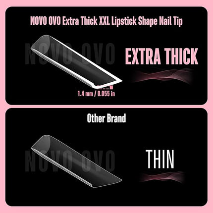 NOVO OVO XXL Lipstick Shape Nail Tip, Natural (not Sculpted), Symmetrical Cut Extra Thick False Nails Press On, Full Cover Soft Gel Extension Fake Nail Acrylic Kit French Tip X 15 Size 180pc