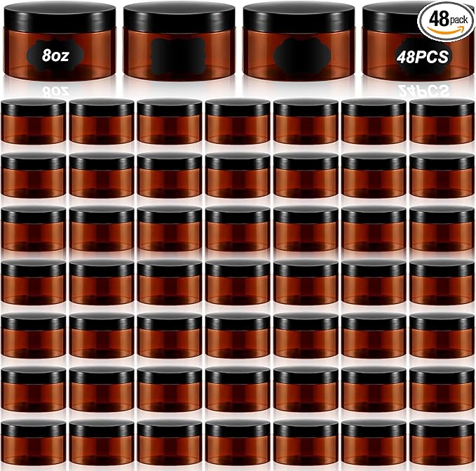 Uiifan 48 Pcs 8 oz Plastic Jars with Lids &labels, Empty Refillable Cosmetic Leak Proof Containers for Cream Body Butters Powder Ointment Lip Scrub(Amber)