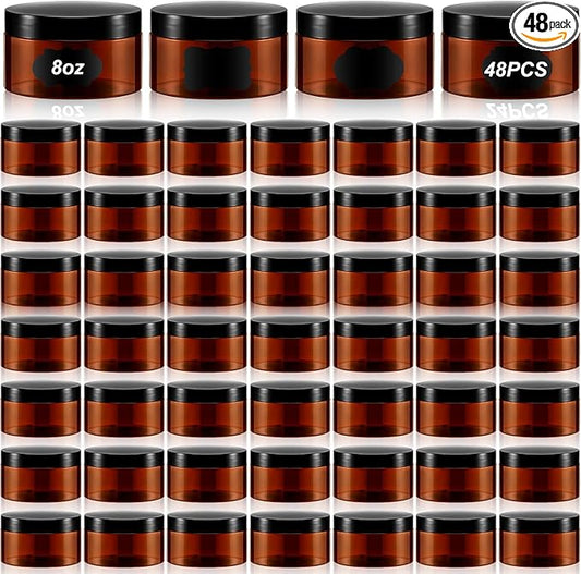 Uiifan 48 Pcs 8 oz Plastic Jars with Lids &labels, Empty Refillable Cosmetic Leak Proof Containers for Cream Body Butters Powder Ointment Lip Scrub(Amber)