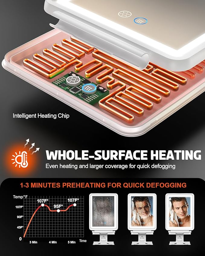 Heated Shower Mirror Fogless for Shaving, 3 Color Dimmable Lights Shower Mirror Fogless, Rechargeable Anti-Fog Shaving Mirror with Razor Holder, Storage Tray, Squeegee