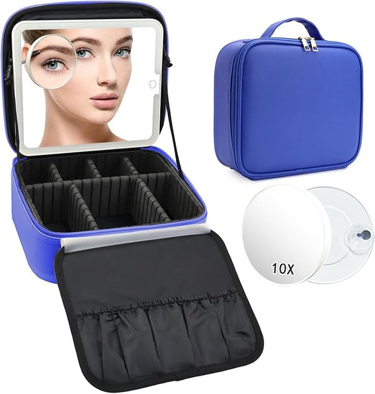 Travel Makeup Bag with LED Mirror and 10x magnifying glass with 3 Lighted Settings, Adjustable Dividers and Makeup Brush Storage Bag Dark Blue