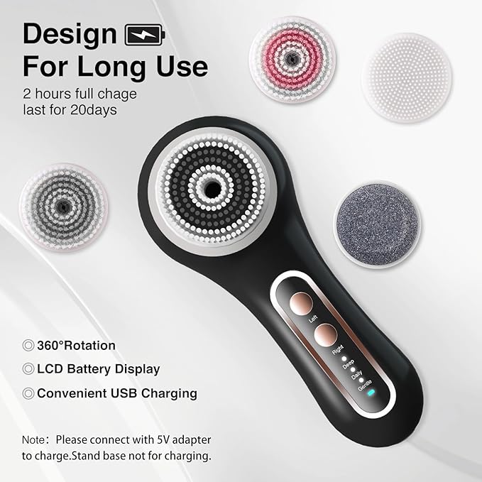Face Scrubber Exfoliator, Rechargeable Facial Cleansing Brush with 5 Brush Heads, Deep Cleaning for All Skin Types, Black