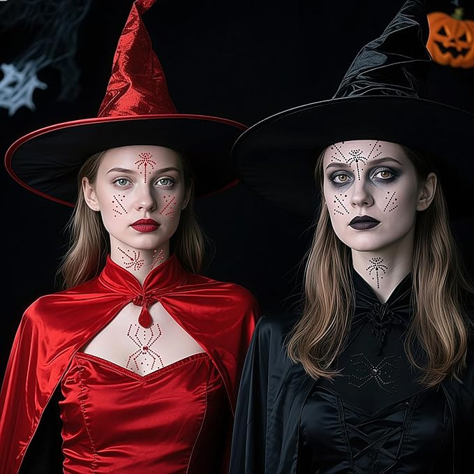 Red Black Face Gems, Halloween Face Rhinestone Makeup Festival Face Jewels, Spider Web Witch Scars Stick On Gems, Self-Adhesive Rhinestone Set for Halloween Cosplay Makeup