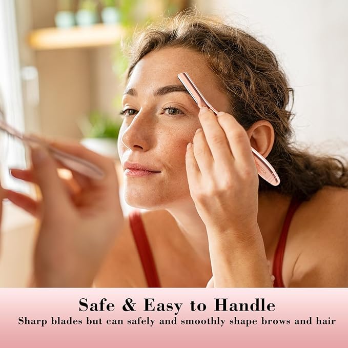 Eyebrow Razor for Women and Men, Face Razors for Women, Dermaplane Razor with Protective Silicone Cover, Reusable Metal Handle with 6 Refill Blades, Skin Care Tool - Rose Gold