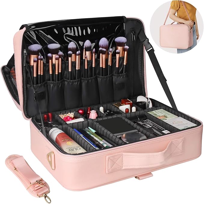 Relavel Travel Makeup Train Case Cosmetic Case Organizer Portable Artist Storage Bag with Adjustable Dividers for Cosmetics Makeup Brushes Toiletry Jewelry Digital Accessories