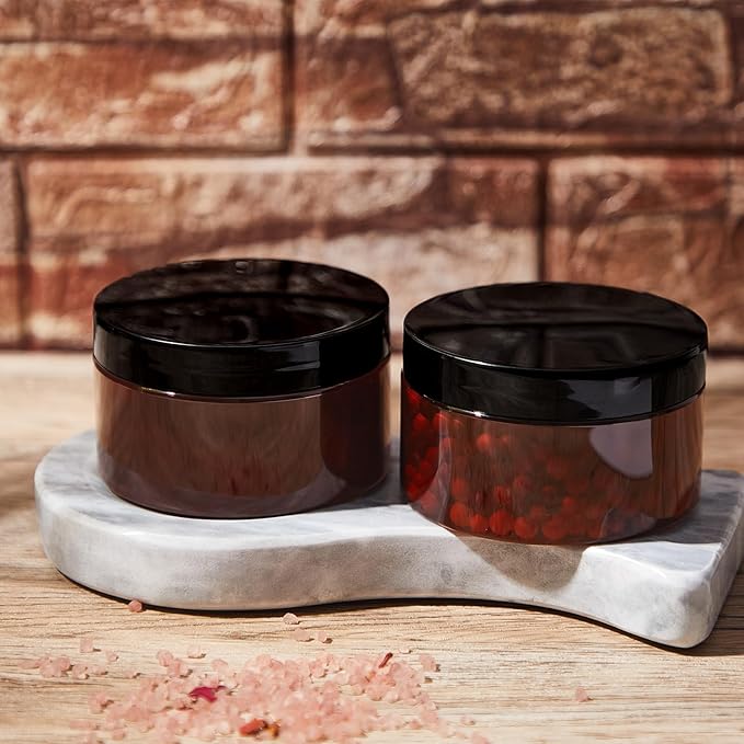 Dandat 24 Pcs 4 oz Plastic Jar Container with Lid and Label Refillable Empty Round Amber PET Cosmetic Sample Containers for Lotion, Cream, Ointments, Body Butter, Makeup, Travel Storage