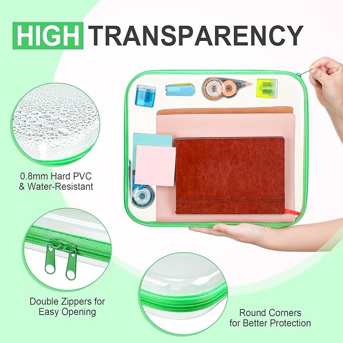 Hoolerry 4 Pcs Hard Clear Zipper Case Makeup Bags Plastic Pencil Pouch Transparent Storage Box Containers for Cosmetics, Snacks, Building Blocks, Puzzles(Fluorescent,13.8 x 11.8 x 2 in)