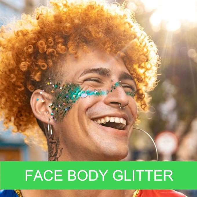 Body Glitter Gel - Sparkly Chunky Glitter Hair for Kids Women, Iridescent Glitter Freckles, Halloween Christmas Singer Concert Festival Rave Accessories (Green Body Glitter)