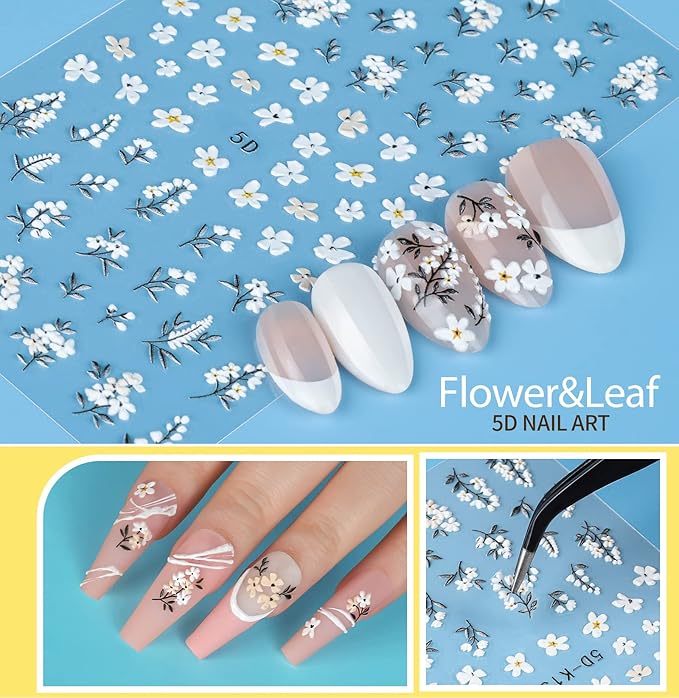 Teenitor 12 Sheets Nail Art Sticker Self-Adhesive, Flower Nail Stickers 5D Embossed Nail Decals, 5 Boxes Nail Glitter Sequins Flakes, Nail Art Design Tools Self Adhesive