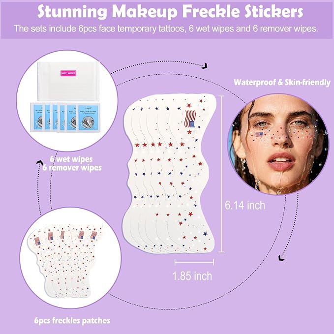 Yosca Glitter Freckles Face Tattoo, 6Pcs Metallic Rose Gold Temporary Tattoos for Body Face Freckle Makeup, Waterproof Glitter Makeup Patches for Festival Concert Party Girl Women Rave Accessories