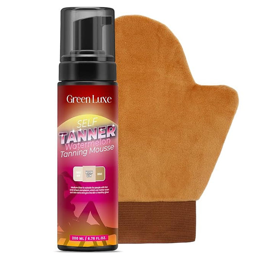 Self Tanner Mousse Kit – Light Medium Glow Sunless Tanning Foam - Flawless & Streak-Free Watermelon Scent Fake Tan Mousse with Mitt for White Pale Skin 6.76 fl. oz