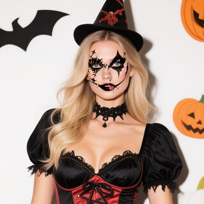 Halloween Black & Gold Glitter Face Tattoo, Face Temporary Tattoos Face Temporary Tattoo Sticker, Halloween Makeup Tattoo Stickers for Women, Men, Kids, Festival, Cosplay, Halloween 8Pcs