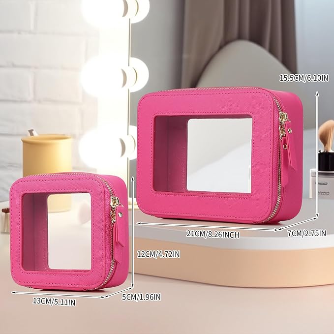 Pinkmik Clear Makeup Bag Waterproof Travel Case for Cosmetics and Toiletries Women's Purse Organizer and Clear Car Bag with Zipper (X/Fuxia, M+MINI)