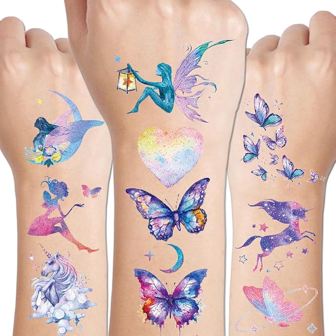 110 Glitter Styles Temporary Tattoos for Girls Women - 12 Sheets Glitter Dream Butterfly Moon Fairy Mermaid Temporary Tattoos for Girls Party Favors Festival Makeup