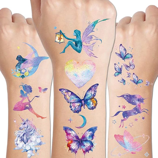 110 Glitter Styles Temporary Tattoos for Girls Women - 12 Sheets Glitter Dream Butterfly Moon Fairy Mermaid Temporary Tattoos for Girls Party Favors Festival Makeup