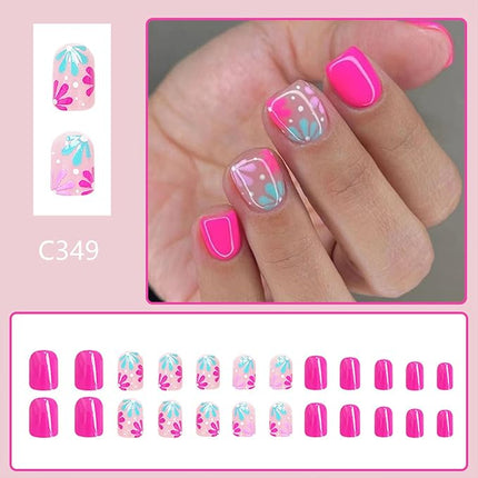 Short Press on Square Flower Fake Nails - Colorful Glue on Pink Flowers Acrylic Full Cover False Nails - Spring Petite Stick on Nails for Women Girls - 24 Pcs