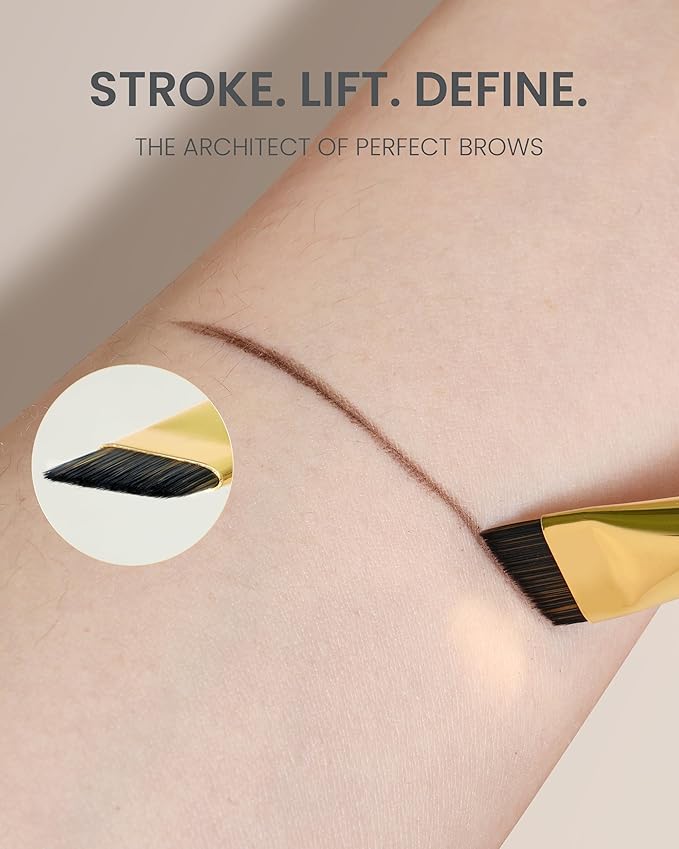 Desert Oak Series MicroBlade Angled Brow Brush - 11mm Ultra-Fine Nylon Bristles for 1mm Hair Strokes, Pomade/Gel/Powder Application, Bubinga & Brass (CM 190)