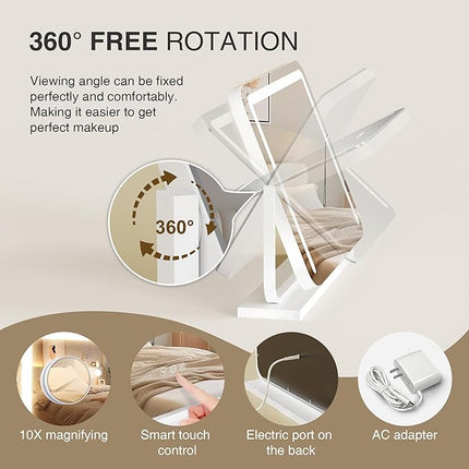 Vanity Mirror with Lights 21"×15.7" LED Makeup Mirror,Dimmable Smart Touch Control Mirror with Lights for Bedroom Tabletop, 360° Rotation,Vanity Mirror Square White,Ideal Gifts for Her