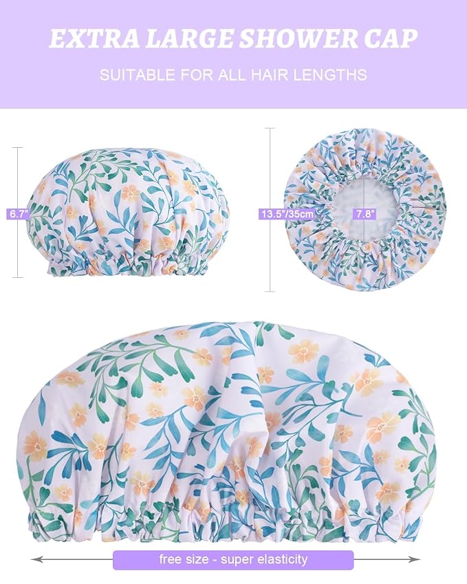 Aquior Shower Caps, Double Layer Waterproof Shower Cap for Women, Reusable Large Shower Cap for all Hair Lengths with EVA Lining, Soft Bath Shower Caps