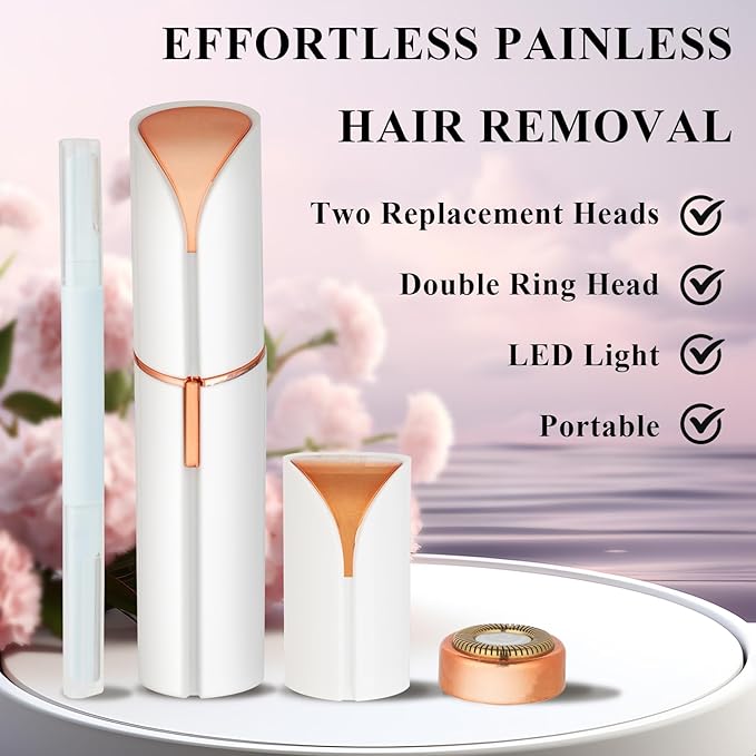 Facial Hair Removal for Women Men，Electric Painless Hair Removal Device Included 2 x Replacement Heads，USB Rechargeable Lady Womens Face Shaver for Lip，Chin，Arms Easy to Carry (White)