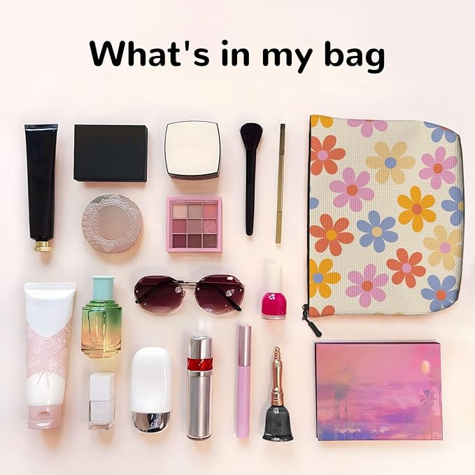 MOLAIGIN Vintage Flower Colorful Daisy Cosmetic Bag For Women, Travel Makeup Bag, Toiletry Zipper Bag, Large Capacity Aesthetic Cases