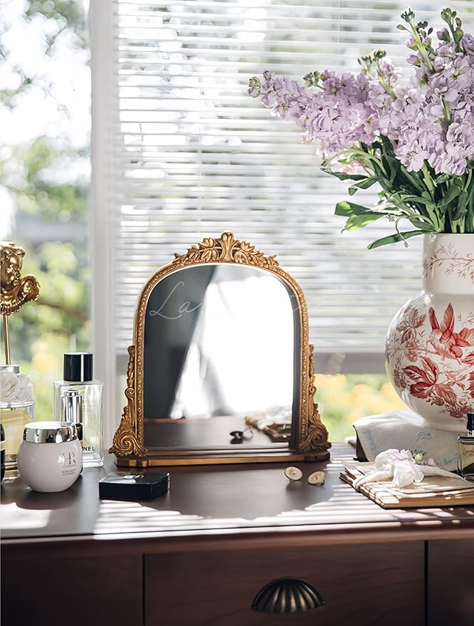 Vintage Antique Gold Framed Tabletop Mirror - Small Decorative Mirror with Carved Resin Frame for Vanity, Desk, or Shelf Decor