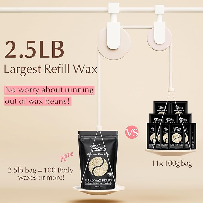 2.5lb Cream Hard Wax Beads, Premium Coconut-Infused Hair Removal Wax for Full Body - Ideal for Brazilian, Bikini, Legs, Arms, Chest, and Back