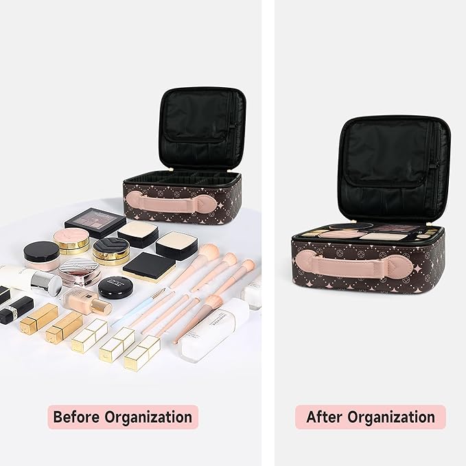 Travel Makeup Bag,Waterproof Cosmetic Organizer, Adjustable Dividers,Portability Cosmetic Train Case,Makeup organizer,Gift for Women,Girls Gift (Coffee+Pink)