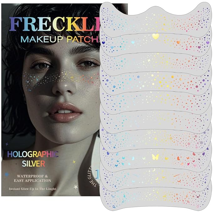 10 pcs Holographic Multichrome Glitter Freckles Face Tattoo, Waterproof Sparkle Face Glitter Speckles Patches for Women, Glitter Temporary Tattoo for Rave (10PCSA Holographic Multicolor)