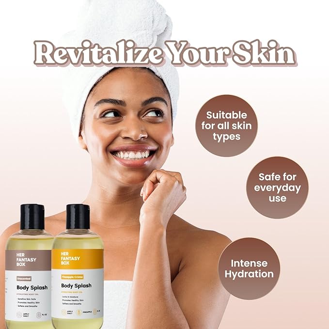 Her Fantasy Box Body Splash Hydrating Body Oil - Moisturizing, Non-Greasy Formula for Soft, Smooth Skin - All-Natural, Lightweight & Nourishing (8 Fl Oz, Unscented)