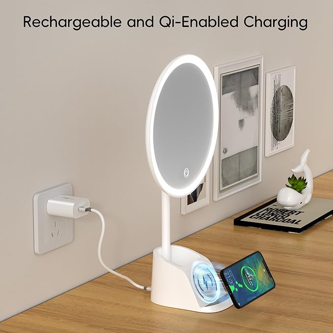 Yls Rechargeable Lighted Makeup Mirror with 1x/10x Detachable Magnification, Vanity Mirror with 3 Color Adjustable Lighting,Qi-Enabled Charging,and 360 °Rotating Design