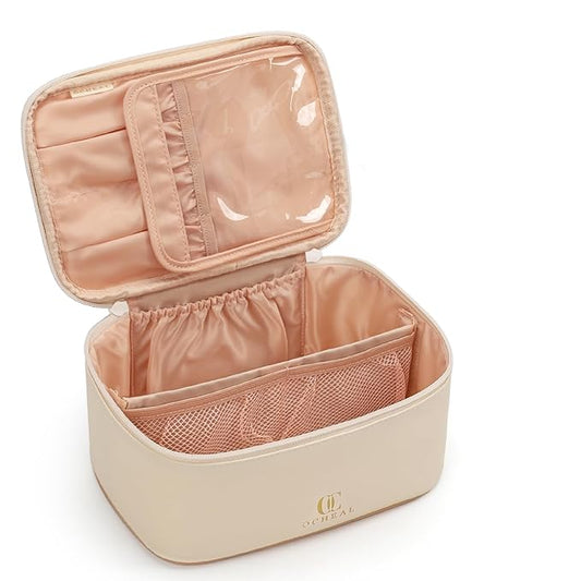 OCHEAL Beige Makeup Bag,Travel Makeup Organizer Bag, Large Capacity Cosmetic Bags For Women Large Travel Toiletry Bag Girls Traveling With Brush Slot And Divider-White