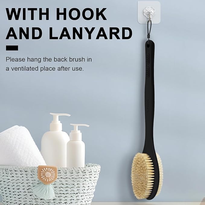 Back Scrubber, Back Scrubber for Shower, Bath Brush Long Handle for Shower with Double Sided Bristles for Wet or Dry Brushing (Black)