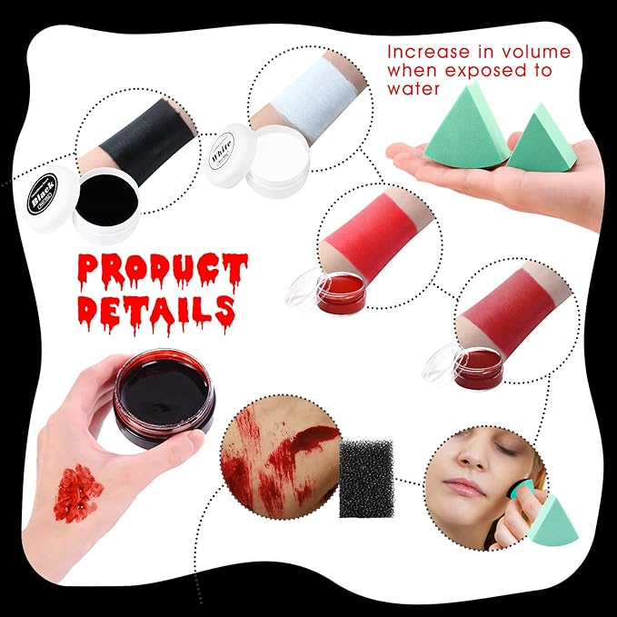Halloween Face Paint - 12 Pcs Zombie Makeup Kit, Oil Based Black, White, Red Body Painting, Fake Blood Paste for Art, Cosplay, Dress Up Party