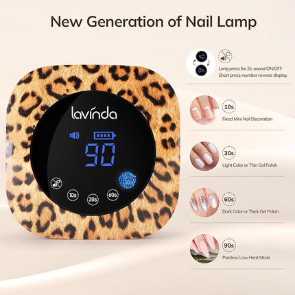Lavinda LED Nail Lamp UV Light for Gel Nails 54W Cordless Rechargeable UV Lamp Nail Light with 4 Timer, 2X Faster Professional Gel Polish Curing Nail Dryer for Salon Use-Leopard Print