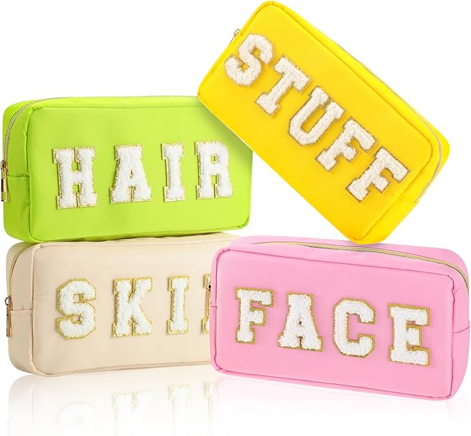 Cunno 4 Pcs Preppy Makeup Bags Chenille Letter Stuff Bag Nylon Cosmetic Pouch Cases with Zipper for Women Travel Toiletry