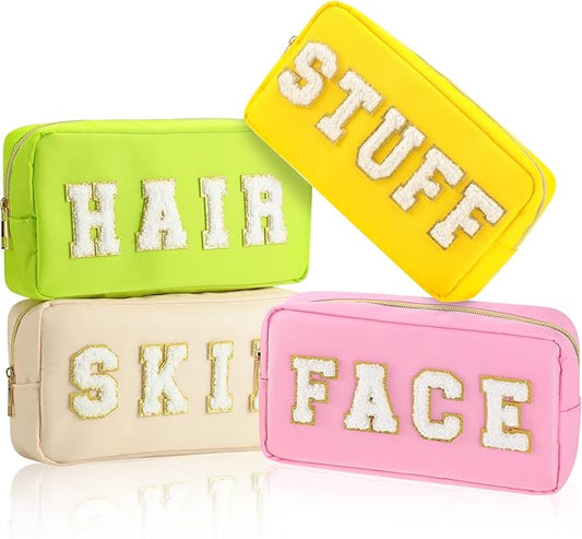 Cunno 4 Pcs Preppy Makeup Bags Chenille Letter Stuff Bag Nylon Cosmetic Pouch Cases with Zipper for Women Travel Toiletry