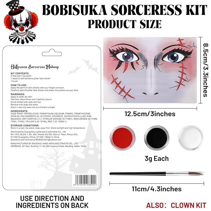 White Black Red Face Paint Clown Sorceress Halloween Makeup Kit Character Set for Kids Adults, Safe Non-Toxic Face Paint Kit for Costume Parties, SFX Makeup, Dress Up & Cosplay