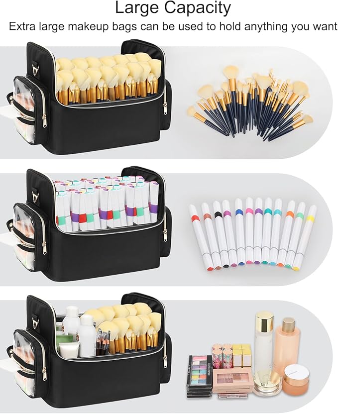 Makeup Brush Case Stand-up Cosmetic Bag Extra Large Makeup Artist Bag Travel Cosmetic Brush Holder Artist Storage Bag Organizer Box with Adjustable Dividers (07-Black（XXX Large）)