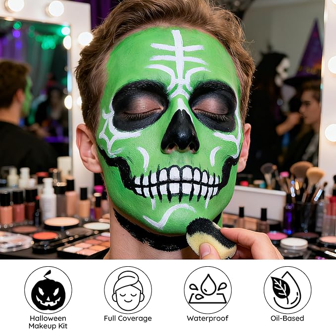Halloween White Black Green Face Painting Kit For Beast Boy Monster Makeup, Baseball Softball Sport Games, Cosplay, Costume, Theme Parties and SFX Special Effect