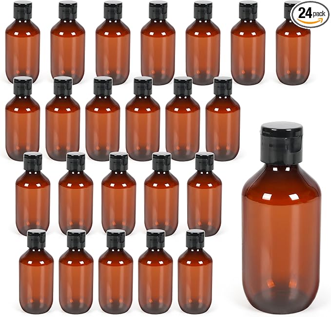 Travel Size Amber Bottles with Flip Cap - 24 Pack 3.4oz Leak Proof Dispenser Containers for Toiletries, Essential Oils & Shampoo - Set of Small Empty Plastic Bottles