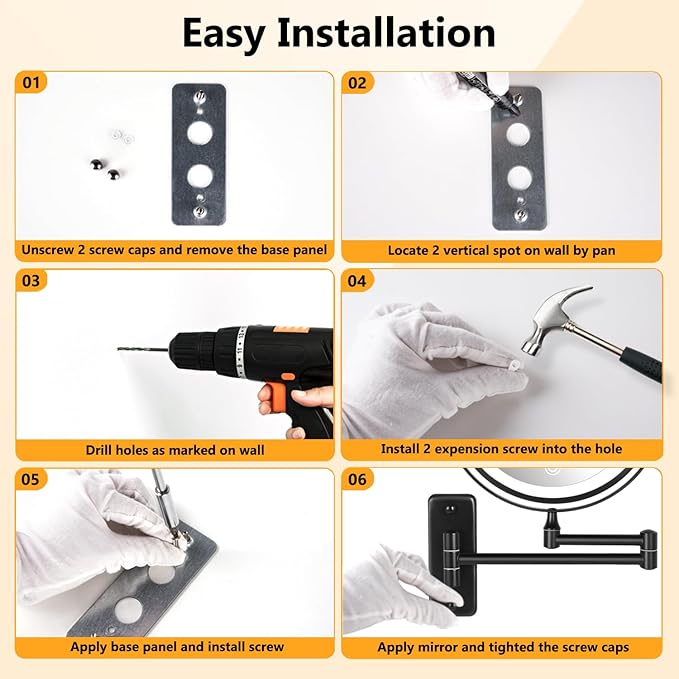 DECLUTTR Rechargeable Wall Mounted Lighted Makeup Mirror, 8 inch 10X Magnifying Mirror with 3 Color Lights, Dimmable Touch Screen Makeup Mirror with Lights for Bathroom, Black