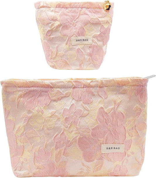 2 Pcs Makeup Bags, Large Cosmetic Bag Travel Toiletry Bag Organizer for Women, Embroidery Craft, Floral Makeup Bag Small Cosmetic Pouch Purse with Zipper Gifts for Girls Teen