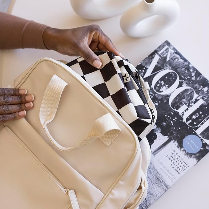 Tiny Twinkle Portable Waterproof Makeup Bag | Travel-Friendly Cosmetic Organizer with Convenient Carry Handle | Spacious Interior, and Secure Zipper Closure (Black Checkers)