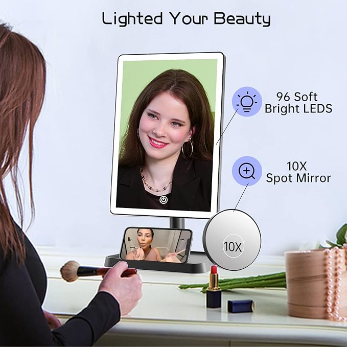 FUNTOUCH Rechargeable Makeup Vanity Mirror with Lights, Large Lighted Desk Makeup Mirror with 96 LED Lights and 10x Magnifying, 3 Color Lighting, Make up Light Mirror with Phone Holder