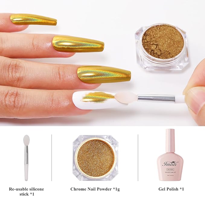 Imtiti Holographic Gold Chrome Nail Powder Kit,1g Holo Iridescent Gold Meatllic Mirror Effect Powder with 10ml White Color Gel Polish Metal Nail UV DIY Kit